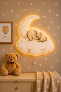 Ahşap Tavşan Pilli Ledli Gece Lambası Bebek Çocuk Odası-Yıldız Sticker Hediyeli